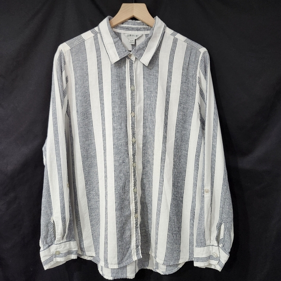 Orvis Womens Linen Blend Button Front Shirt Size XL Ivory Black Stripe Coastal - Picture 1 of 7